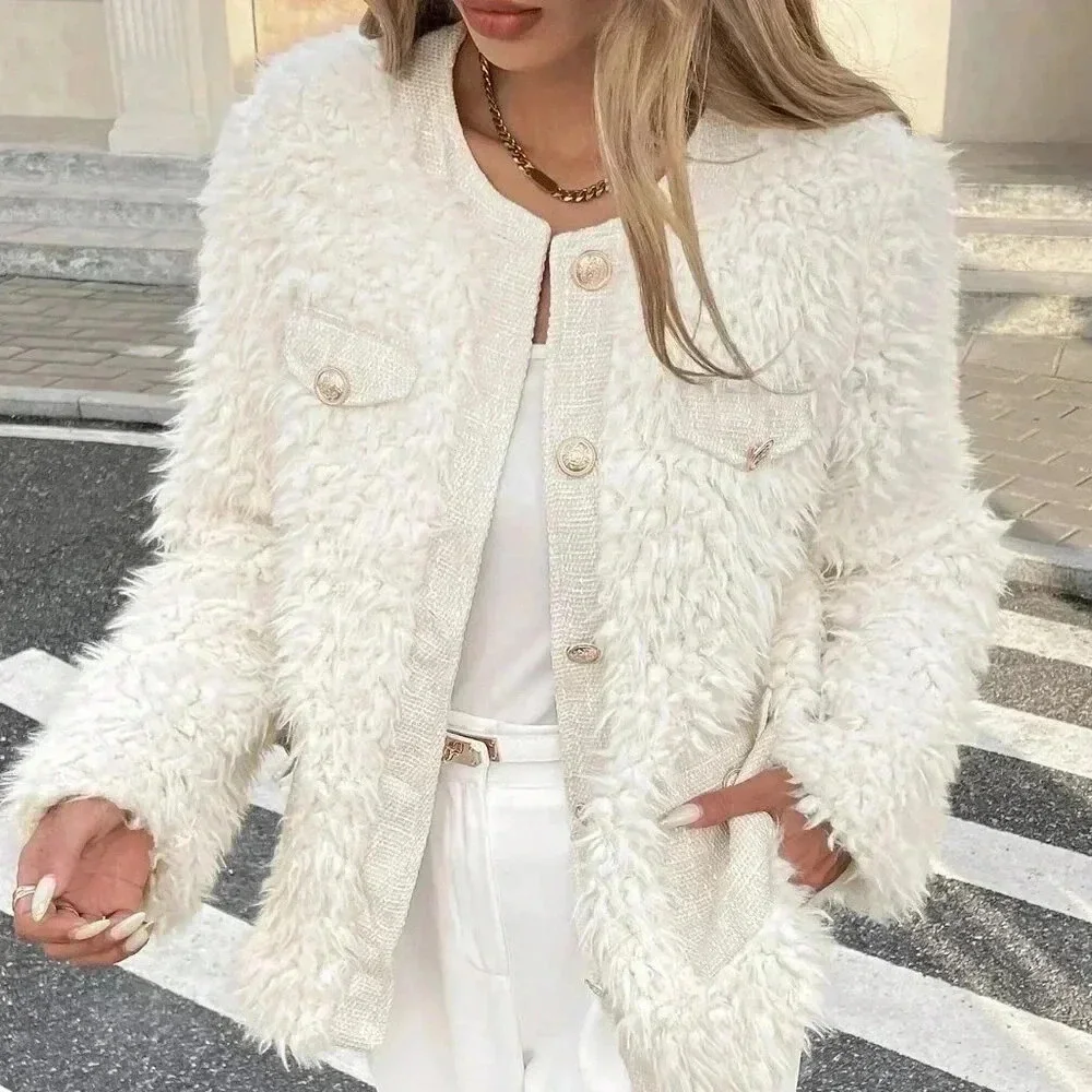 Beige Casual Women's Long Sleeve Faux Fur Crew Neck Tweed Coat - Picture 1 of 6